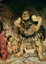 Der Riese Galligantua und der böse alte Zauberer verwandeln die Tochter des Herzogs in eine weiße Hirschkuh, Illustration zu Jack der Riesen-Killer, aus Englische Märchen nacherzählt von F.A. Steel, 1927